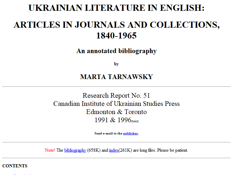 Ukrainian Literature in English, Articles in Journals and Collections, 1840- 1965