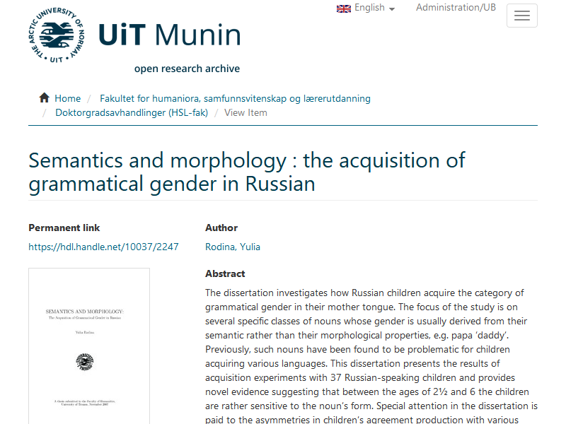 Semantics and morphology : The acquisition of grammatical gender in Russian