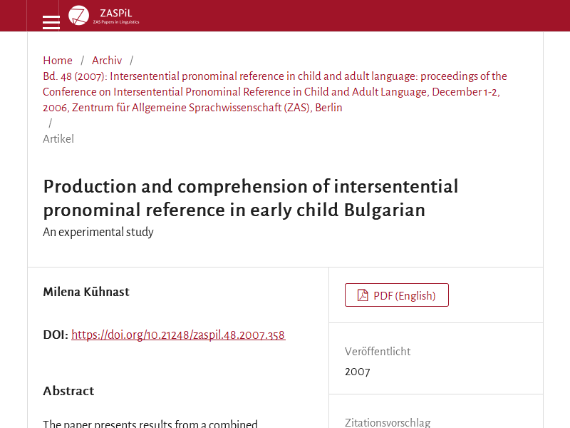 Production and comprehension of intersentential pronominal reference in early child Bulgarian - an experimental study*