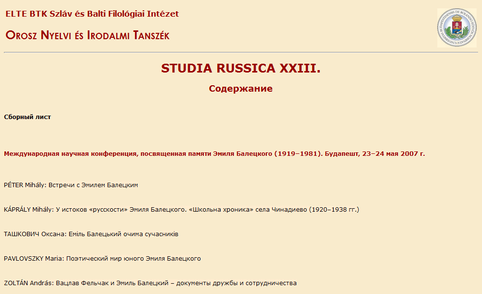 Studia Russica XXIII. (2009) - TOC