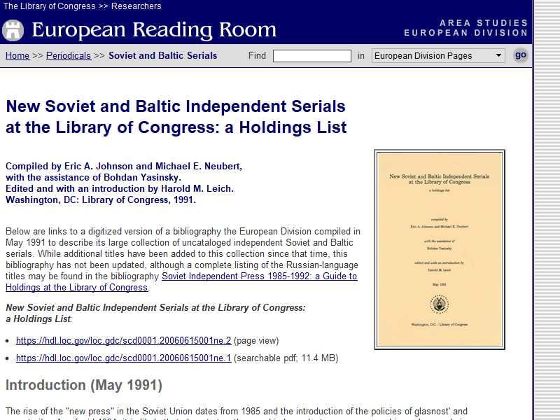 New Soviet and Baltic Independent Serials at the Library of Congress: a holdings list