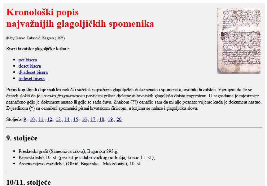 Kronološki popis najvažnijih glagoljskih spomenika - Short Chronology of Croatian Glagolitic Monuments